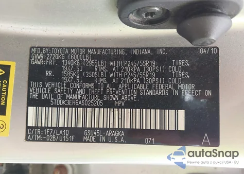 2010 Toyota Highlander Limited V6 z USA, uszkodzony, nr VIN 5TDDK3EH6AS025205